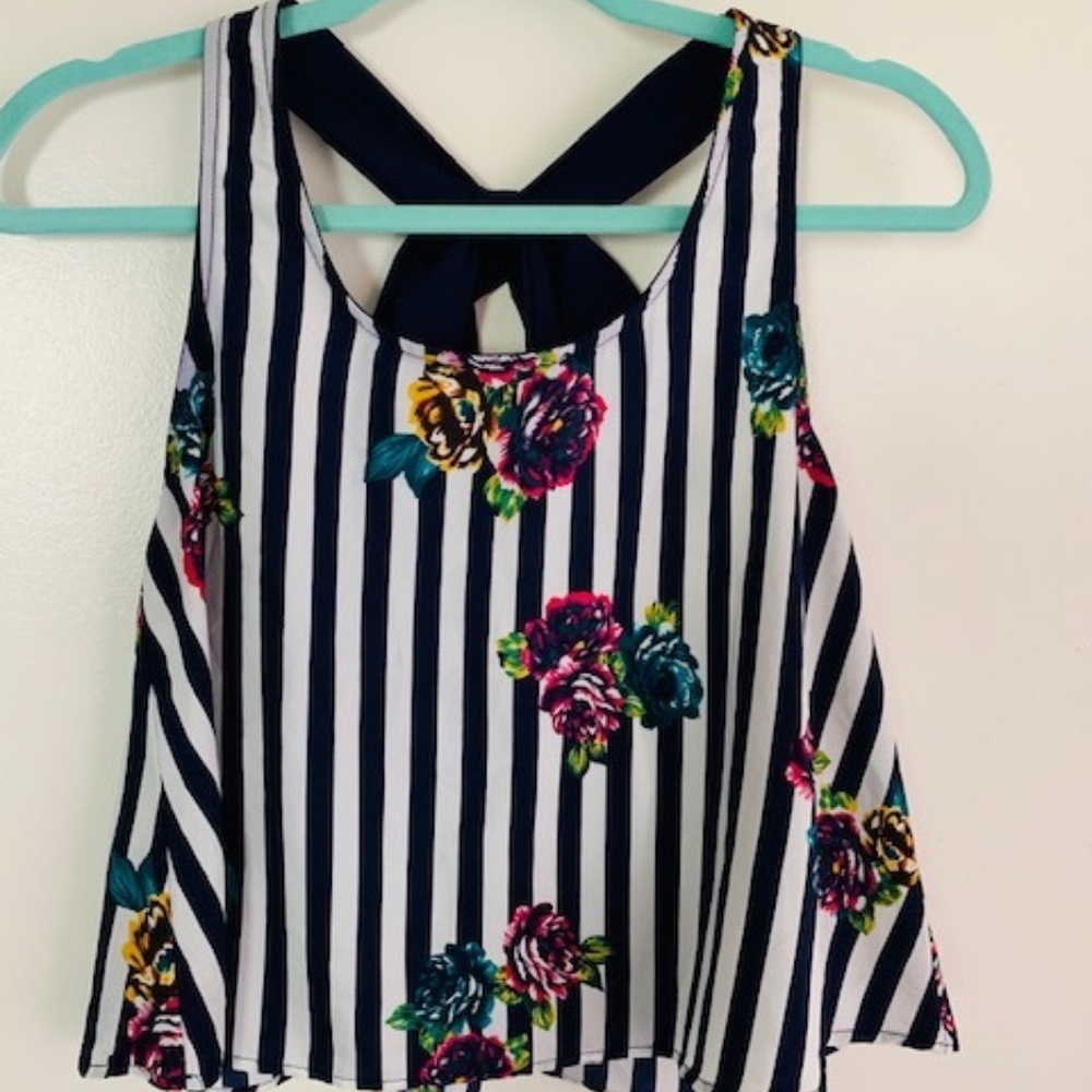Striped and Floral Cropped Tank with Bow Tie Back